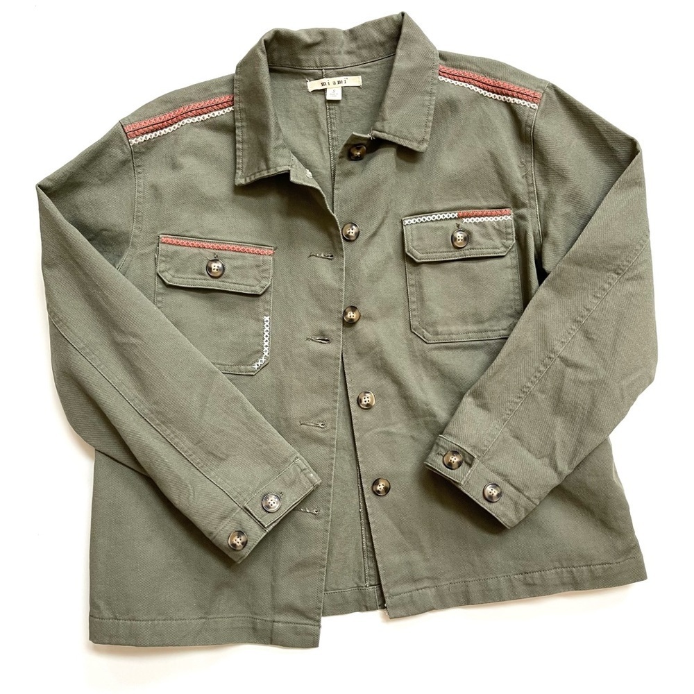 Francesca’s Miami olive green embroidered shacket military jacket